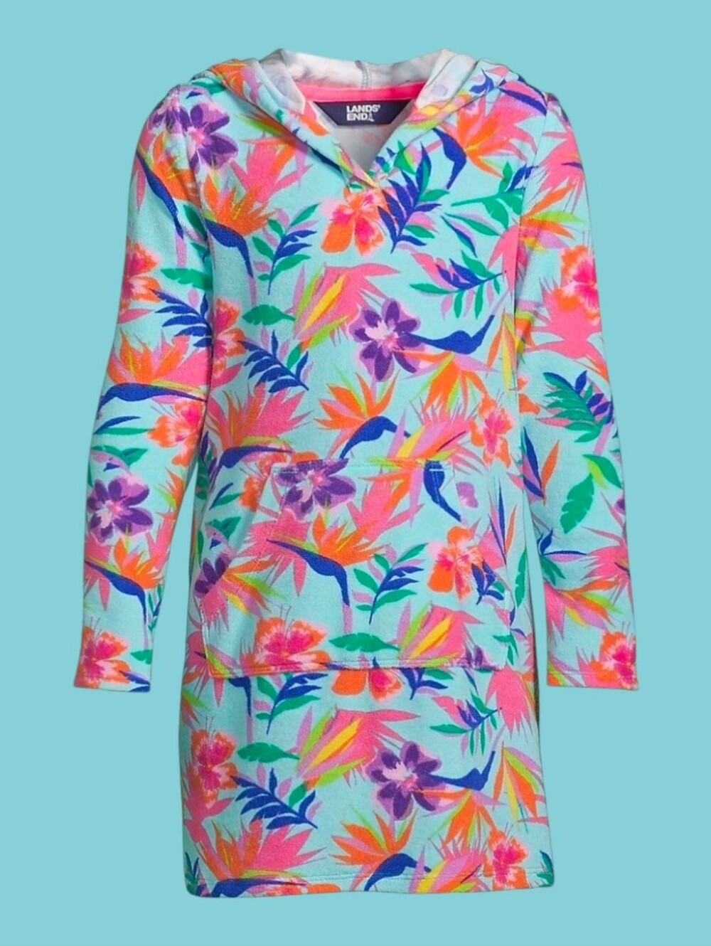 Lands' End Girl's Tropical Theme Hooded Terry Cloth Swim Cover-up